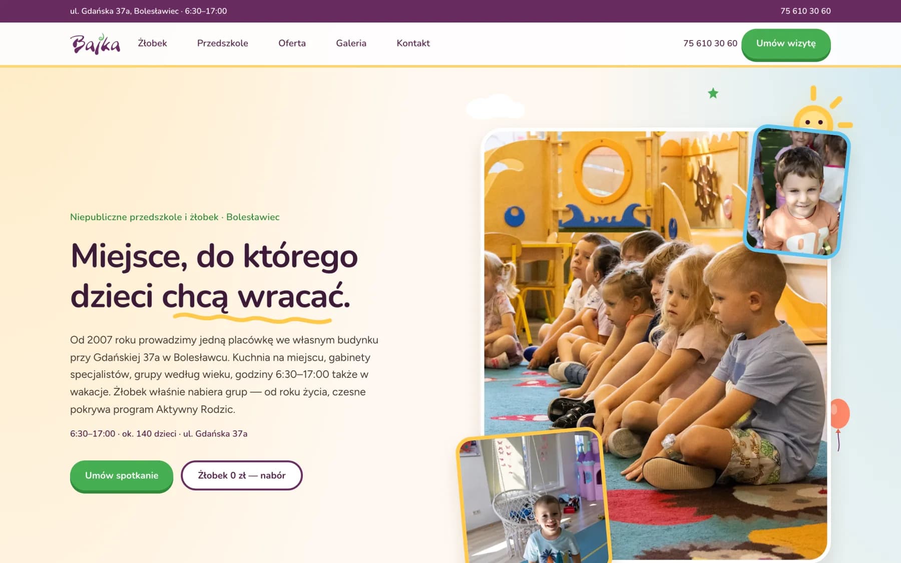 Strona Przedszkole Bajka — widok na komputerze