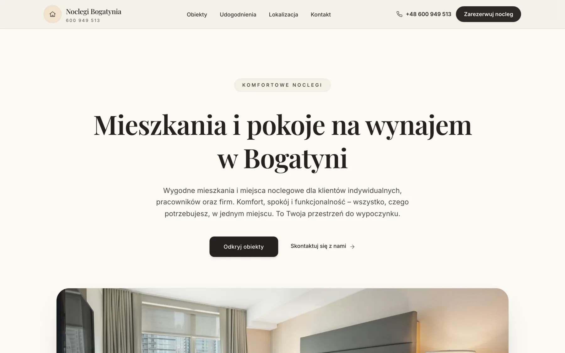 Strona Noclegi Bogatynia — widok na komputerze