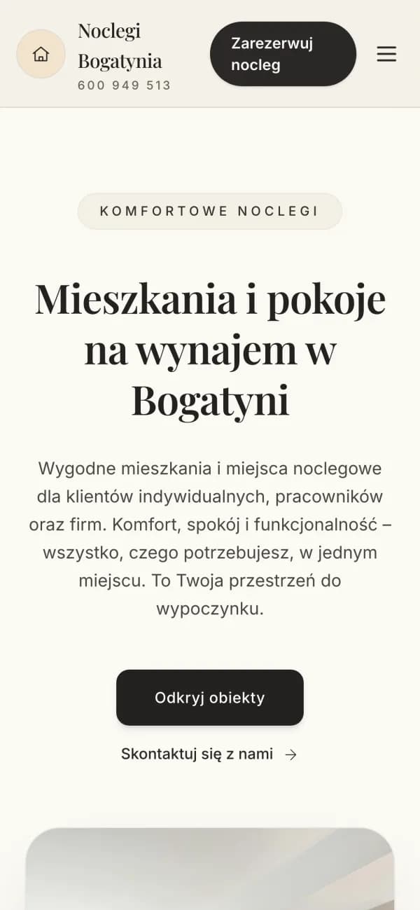 Strona Noclegi Bogatynia — widok na telefonie