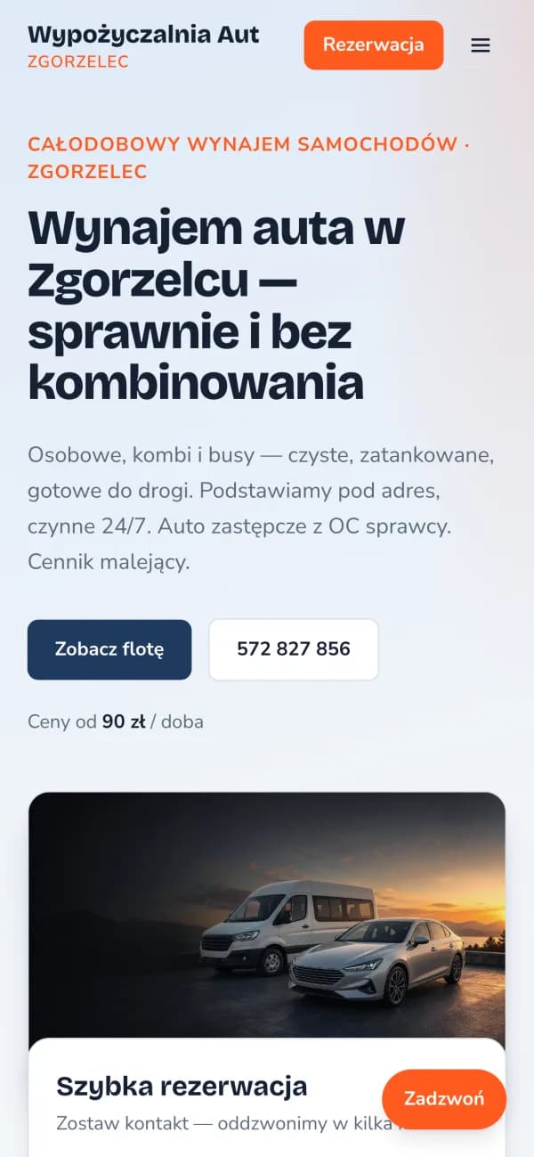 Strona Wypożyczalnia Aut Zgorzelec — widok na telefonie