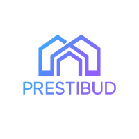 Logo Prestibud z geometrycznym emblematem